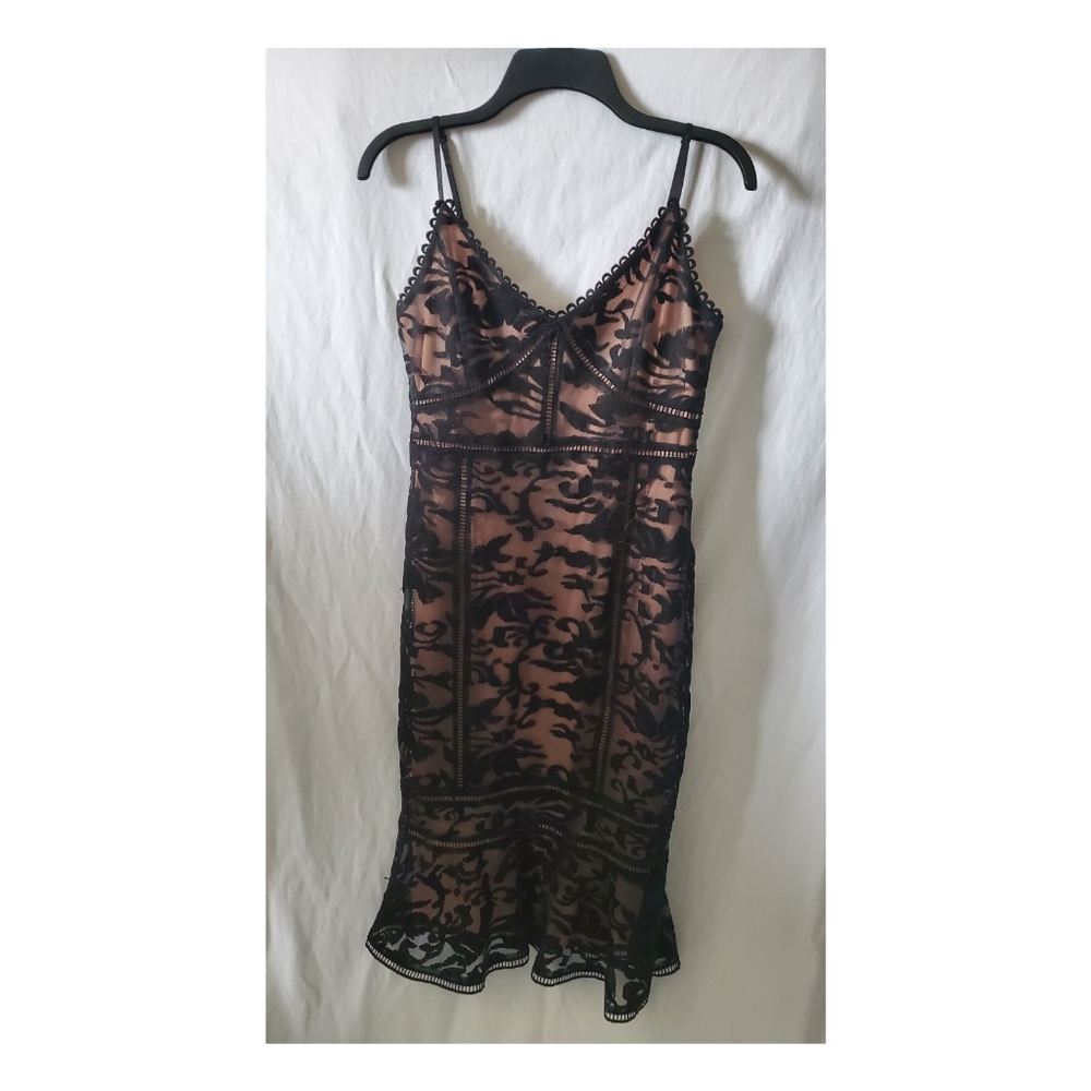Lulu's Small Alluring Love Black and Nude Lace Trumpet Hem Midi Dress